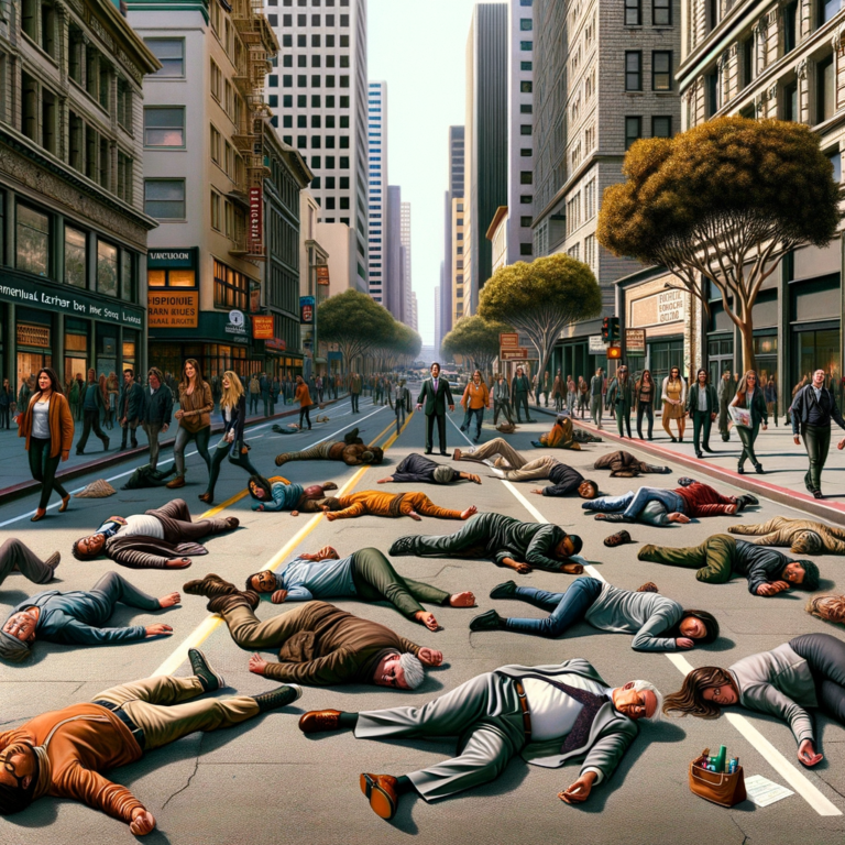 San Francisco streets where men and women lie on sidewalks often blocking passersby with their arms.png